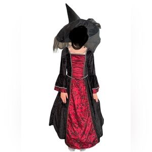Witch Halloween costume 7-8 years lace dress and tulle hat - black red colour